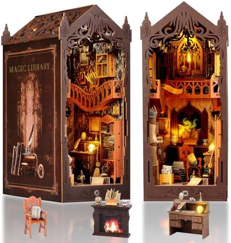 DIY Book Nook Kit: 3D Wooden Puzzle Shelf Insert with LED Light - Miniature Dollhouse Bookend Decor for Adults and Teens - Creative Gift by FASTSPOK