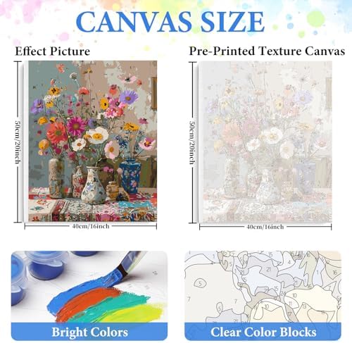 PRASIO Framed Paint by Numbers Kit for Adults Beginner, Vintage Flowers Adult Paint by Number Kits on Canvas Framed, DIY Acrylic Watercolor Oil Paint by Numbers with Frame for Home Decor 16x20 Inch - Image 3