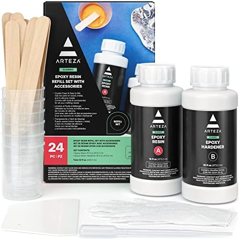 Arteza Epoxy Resin Kit, 24-Piece Refill Set, Engaging Craft Supplies & Materials, Resin Accessories Includes 2 x 8-oz Bottles and Hardener, Gloves, Dropping Pipette, Mixing Cups and Wood Sticks by ARTEZA
