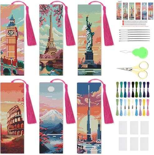 NEGEKFKX 6 Pcs Cityscape Cross Stitch Bookmark Kit for Adult Beginners by NEGEKFKX