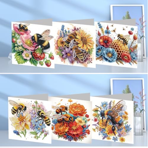 6 Pcs Diamond Painting Greeting Cards Kit Bee Poppy Flowers Sunflower with Envelopes, 5D DIY Special Shaped Rhinestone Art Card Making Kits for Adults, Holiday Blessing Postcards, Creative Craft Gifts - Image 7