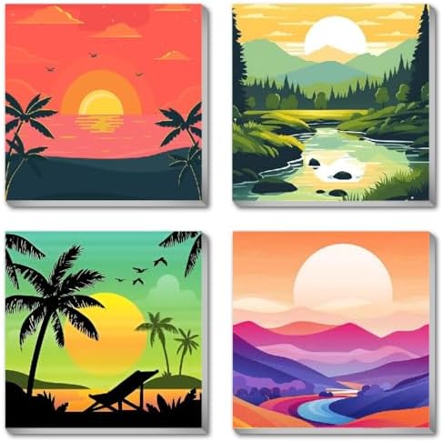 Canrichshop 4 Framed Landscape DIY Paint by Numbers Kit for Adults Beginner,Sunset Easy Painting by Number with Canvas,Acrylic Paint Kit Arts and Crafts for Adults for Decor 8x8inch by Canrichshop