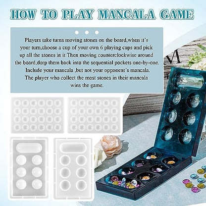 Zhehao Mancala Board Game Molds Set Epoxy Silicone Resin Molds Kit with 2 Pcs Mancala Stones Molds 4 Pcs Metal Mancala Accessories Mancala Board Resin Game Molds for Gifts DIY Family Party Board Games - Image 4