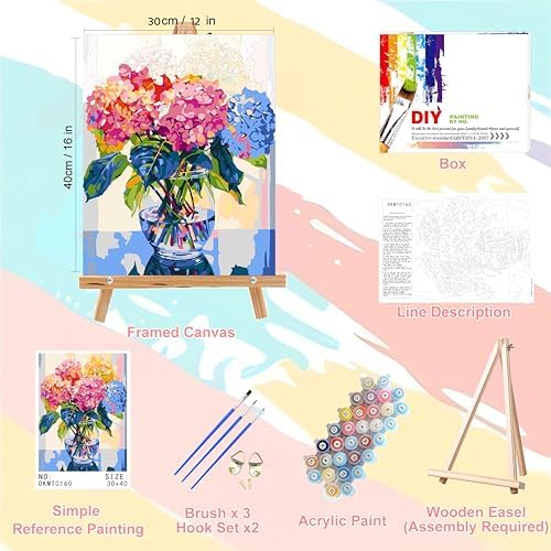 Hydrangea Paint by Numbers for Adults with Framed Canvas - Wooden Easel - Image 2