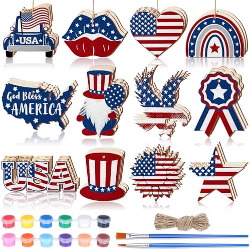 JellyArch 36 Pcs 4th of July Crafts Patriotic Wood Cutouts for Kids, 250th Anniversary Independence Day Blank Unfinished Wooden Shapes Slices Memorial DIY Hanging Ornaments for School Home Party by JellyArch