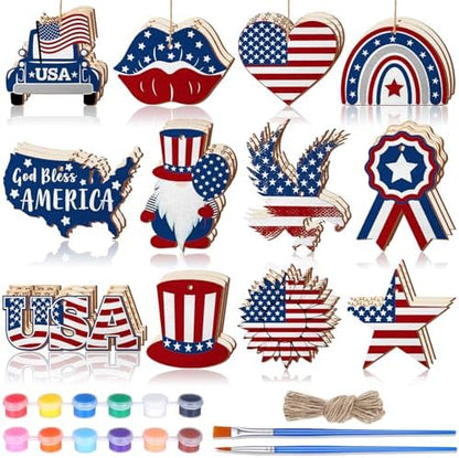 JellyArch 36 Pcs 4th of July Crafts Patriotic Wood Cutouts for Kids, 250th Anniversary Independence Day Blank Unfinished Wooden Shapes Slices Memorial DIY Hanging Ornaments for School Home Party by JellyArch