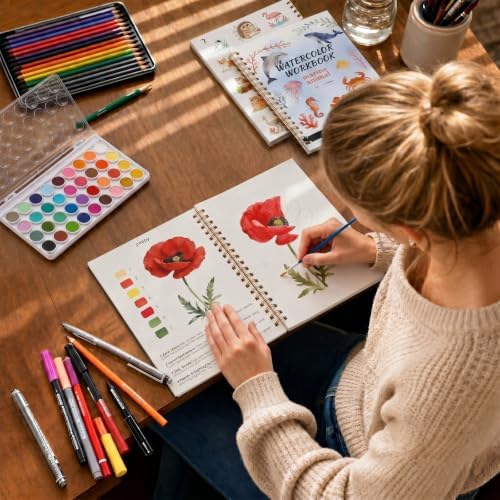 Landhoow 3 Pcs Watercolor Workbooks for Beginner with 36color Paint Brush - Image 4