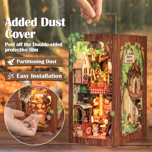 Cutefun Book Nook Kit, DIY Miniature Booknook Kit for Adults, 3D Wooden Puzzle Bookend Bookshelf Decor with LED Light & Dust Cover Creative Crafts Gifts for Book Lovers (Squirrel Collector) - Image 4