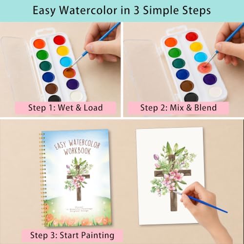 Christian Gift, Christian Cross Watercolor Workbook, Floral Cross Water Coloring Book with 12 Different Floral Paintings Designs, Watercolor Book with Palette and Brush, Relaxing Art for Beginners - Image 3
