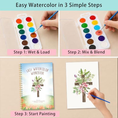 Christian Gift, Christian Cross Watercolor Workbook, Floral Cross Water Coloring Book with 12 Different Floral Paintings Designs, Watercolor Book with Palette and Brush, Relaxing Art for Beginners - Image 3