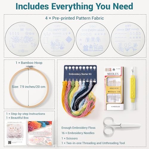 VIVIDOX 4 Sets Embroidery Kit for Beginners Adults, 25 Stitches Practice Kits Cross Stitch for Starter, DIY Hand Craft with Stamped Pattern, Bamboo Hoop, Threads, Scissors, Tools, Instruction - Image 2