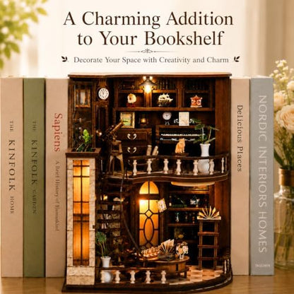 Book Nook Kit-DIY Miniature House for Adult and Teen Beginners, 3D Wooden Library Dollhouse with LED Light, Bookshelf Decor (Basque Study) - Image 5