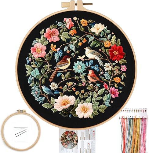 FONNUY Embroidery Kit for Beginners, Birds with Flowers Pre-Stamped Pattern Kits for Adults with Hoop, Easy to Follow Color Thread Needlework, 8'' Hoop (Blue) by FONNUY