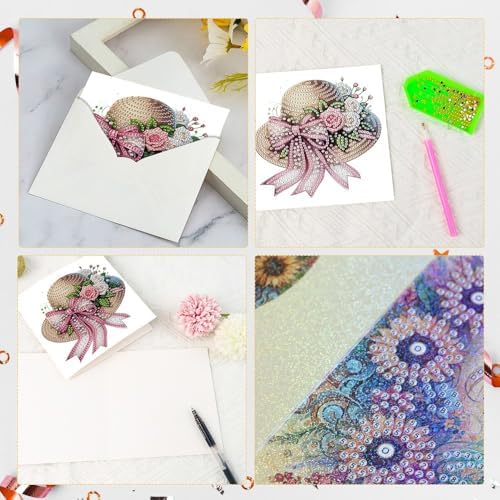 LazyFold 6Pcs DIY Diamond Art Painting Greeting Cards with Envelopes, Flower Hats All Occasion Note Card Kit for Women, Handmade Thank You Birthday Friendship Cards Gift - Image 4