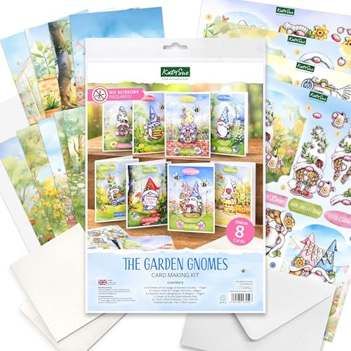 Katy Sue The Garden Gnomes Card Making Kit. Makes 8 Cards at 5 x 7 Inches. Contains Gnome Die-Cut Decoupage, Background Scenes, Cards, Envelopes & Foam Pads for Card Making Supplies. UK-Made. - Image 2