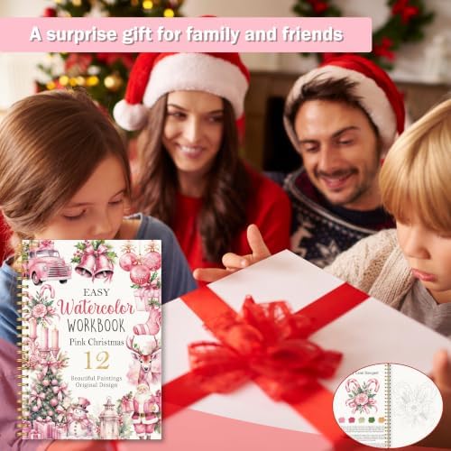 Christmas Gift, Pink Christmas Watercolor Workbook, Water Coloring Book with Pink Xmas Designs, 12 Beautiful Xmas Paintings Designs, Watercolor Book Set with Palette and Brush, Relaxing Art Beginners - Image 7