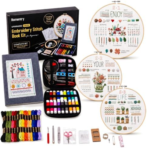 Homentry Embroidery Kit for Beginners | Gift Box with Full Set | Video Tutorial, 3pcs Hoops, 106 Patterns, 65 Water Soluble Designs, 86PCS Sewing Supplies | Starter Cross Stitch Book Kit by Homentry