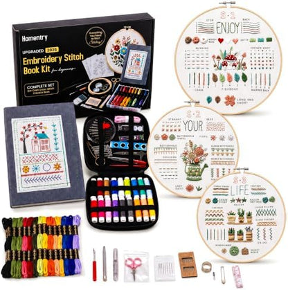Homentry Embroidery Kit for Beginners | Gift Box with Full Set | Video Tutorial, 3pcs Hoops, 106 Patterns, 65 Water Soluble Designs, 86PCS Sewing Supplies | Starter Cross Stitch Book Kit by Homentry
