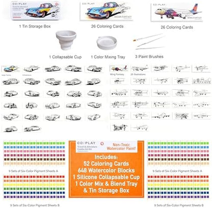 COIPLAY Watercolor Craft Kit, Paint Set, 648 Color Blocks, 52 Coloring Bookmarks, Travel & Adventure Theme, Gift for Kids & Adults - Image 2