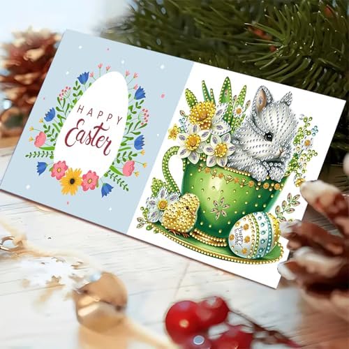 DIY Diamond Greeting Cards Set, 5D DIY Diamond Art Painting Festival Style Greeting Card, DIY Christmas Card Making Kits for Family Friends Handmade Gift-#20-Teacup Bunny - Image 6