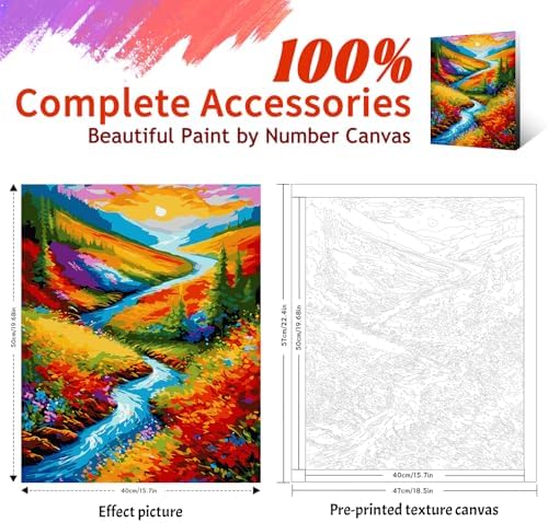 Yunnuo Landscape Paint by Numbers Kits for Adults, Easy Paint by Number Sunset and Creek, DIY Oil Painting with Brushes Acrylic Paints for Home Wall Decor 16x20 Inch - Image 2