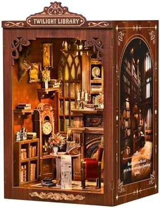 Twilight Library Book Nook Kit - DIY Miniature Dollhouse with LED Warm Light, 3D Wooden Puzzle Bookends, Immersive Miniature, Stress Relief Craft Gift for Adults Teens, Aesthetic Home Decor - Image 2
