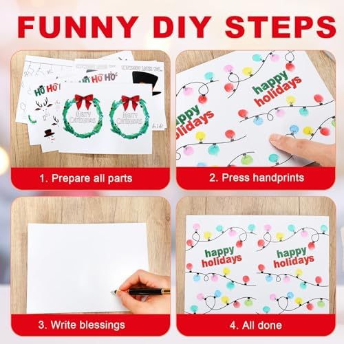 Motipuns 48 Sets Christmas Cards Making Crafts Kits 4 x 6 Inch DIY Thumbprint Christmas Crafts with Ink Pad Fingerprint Make Your Own Folded Greeting Card Making Kit for Xmas Gifts Fun Home Activity - Image 3