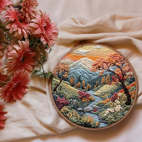 FONNUY Embroidery Kit for Beginners, Boho Nature Landscape Pre-Stamped Pattern Kits for Adults with Hoop, Easy to Follow Color Thread Needlework, 8'' Hoop (Mountain Stream) - Image 5