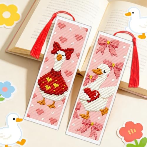 ACRNIGHEET 6PCS Cross Stitch Bookmark Kit for Beginner Cute Goose Stamped Cross Stitch Kits Needlepoint Kit for Adults DIY Tassel Embroidery Bookmark Kits with Instructions Craft Gift 8.5"x3" 11CT - Image 6