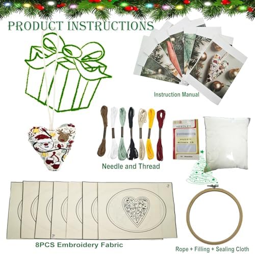 DIY Heart Shaped Hand Embroidered Christmas Ornament Kit Complete Craft Set with Pre-Printed Fabric Embroidery Thread Holiday Cross Stitch Decor for Beginners Adults and Home Decor (Finished product) - Image 2
