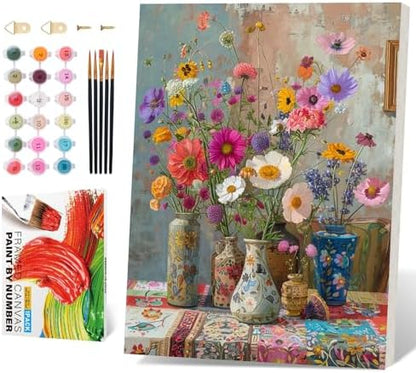 PRASIO Framed Paint by Numbers Kit for Adults Beginner, Vintage Flowers Adult Paint by Number Kits on Canvas Framed, DIY Acrylic Watercolor Oil Paint by Numbers with Frame for Home Decor 16x20 Inch by Unknown