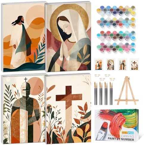 4 Pack Framed Paint by Numbers Kit for Adults, Christian, 8 x 12 Inch by GEEHEIY