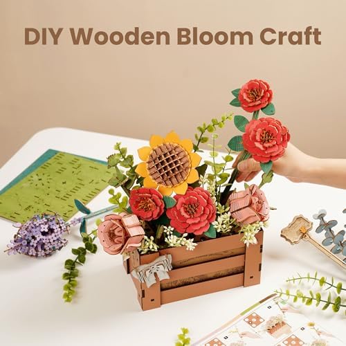 ROBOTIME 3D Wooden Bloom Box Puzzle, Adults' Flower Bouquet Building Set, Artificial Flowers Home Decor, Gift for Wedding/Mother's Day/Birthday, Wood Craft Kit - Image 3
