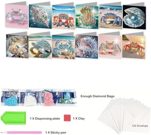 jinglinhh 12pcs Diamond Art Painting Beach Crab Seashell Conch Seaturtle Greeting Cards with Envelopes, DIY Card Making Kits for Adults, Diamond Art Postcards Christmas Cards Craft Gifts - Image 3