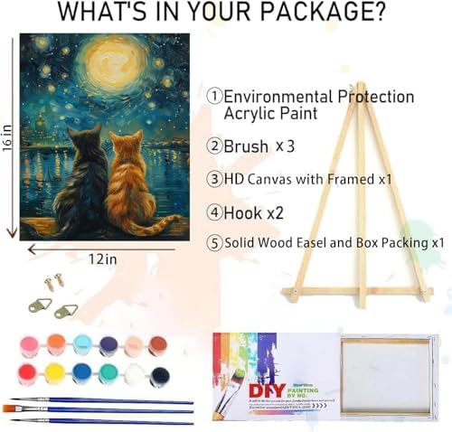 Cat Paint by Numbers for Adults with Easel, Framed Painting by Numbers kit on Canvas for Beginners, Starry Night Oil Painting Set Craft Supplies, 3 Paintbrushes and Acrylic Paint 12x16 Inch - Image 2
