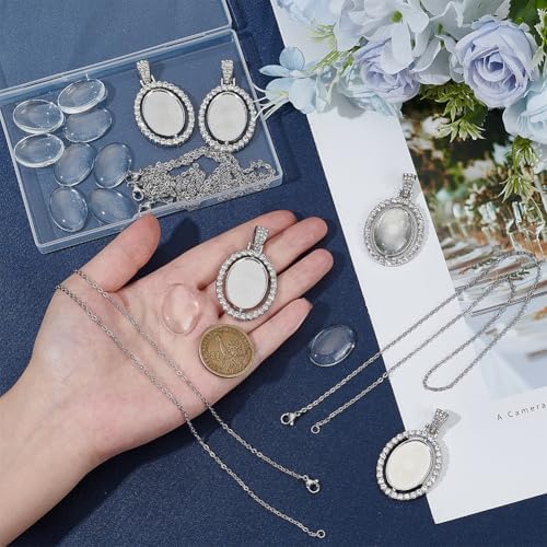 24Pcs 6 Sets Bezel Pendant Making Kit Oval Blank Bezel Pendant Trays with Glass Cabochons Pendant Trays Rhinestone Double Sided Rotatable Charm for Jewelry Making Supplies DIY Necklace Adults - Image 3