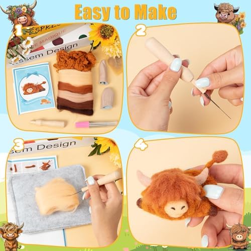 WATINC Highland Cow Needle Felting Kit - Set of 10 Different Highland Cow Doll Wool Felt Needle Felting Tools Foam Pad, DIY Home Decoration Needle Felting Craft Party Supplies for Beginners (30Pcs) - Image 3