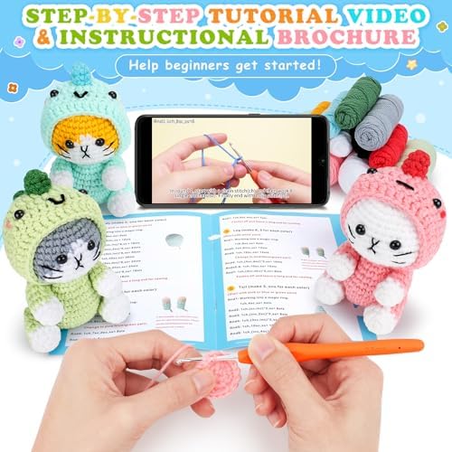 Fortuning's JDS Crochet Kit for Beginners, 3 PCS Dinosaur Cat Crochet Kits - Image 2