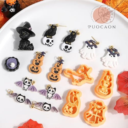 Puocaon Halloween Polymer Clay Cutters - 15 Pcs Witch Little Boo Skull Cutters for Polymer Clay Jewelry Pumpkin Mushroom Earrings Making Kit for Polymeric Jewelry Design - Image 5