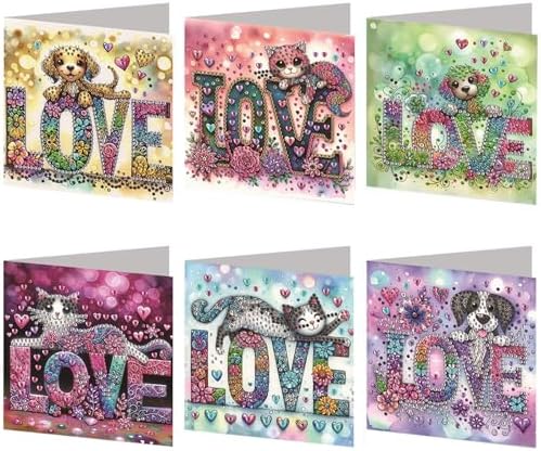 6-Pack DIY Diamond Art Painting Cards, LOVE Dog & Cat Art Kits by C%27eitura
