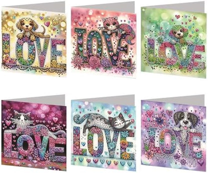 6-Pack DIY Diamond Art Painting Cards, LOVE Dog & Cat Art Kits by C%27eitura