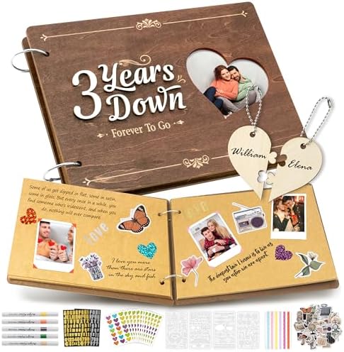 CY2SIDE 3 Years Anniversary Couple Scrapbook - 111PCS 3 Years Down Wooden Photo Album Scrapbook Craft Kit with Heart Puzzle Brown Paper Sticker and Template for DIY Dating Gift for Him Her by CY2SIDE