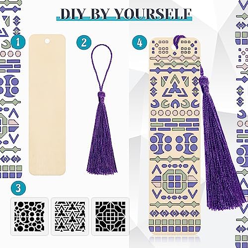 TaoBary 92 Pcs 4.8 x 1.3 Inch Geometry Wood Bookmark Making Kit Includes 36 Unfinished Blank Bookmarks 36 Tassels 20 Templates, Back to School DIY Painting Craft for Home Class Holiday Teachers Gift - Image 4