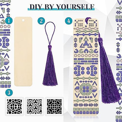 TaoBary 92 Pcs 4.8 x 1.3 Inch Geometry Wood Bookmark Making Kit Includes 36 Unfinished Blank Bookmarks 36 Tassels 20 Templates, Back to School DIY Painting Craft for Home Class Holiday Teachers Gift - Image 4