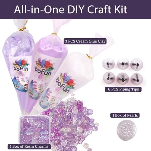 Purple Whipped Cream Glue Handmade Set, Ideal for Miniature, Jewelry & DIY Phone Cases, with 3 Decoden Cream, 6 Tips, Pearl& Resin Packs (Purple/Pearl) - Image 2