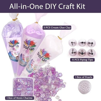 Purple Whipped Cream Glue Handmade Set, Ideal for Miniature, Jewelry & DIY Phone Cases, with 3 Decoden Cream, 6 Tips, Pearl& Resin Packs (Purple/Pearl) - Image 2