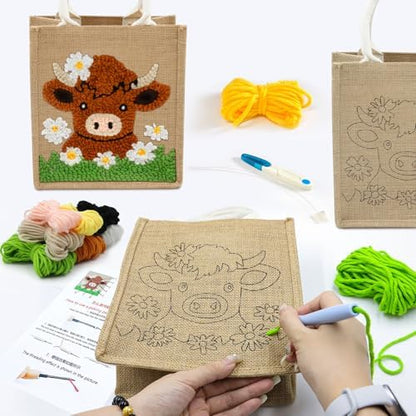 PUNICA Punch Needle Kits for Beginners with Highland Cow Pattern - Burlap Tote Bag for Adults & Kids, DIY Embroidery Starter Kit | Easy Craft Gifts (9x6.5x8.5 Inch) - Image 4
