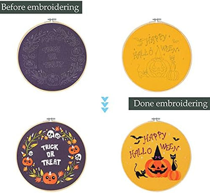 Santune 4-Pack Halloween Embroidery Kit Cross Stitch Kits for Beginners DIY Needlepoint Kit with 4 Embroidery Clothes Featuring Pumpkin Patterns,2 Hoops,Color Threads,Needles - Image 2