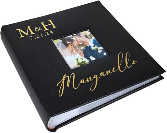 Personalized Photo Album, Custom Engraved Picture Album, Holds 200 4" x 6" Photos, Leatherette and Laser Engraved Scrapbook, Wedding Initials and Last Name, Black