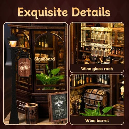 Corner Tavern Book Nook Kit, 3D Wooden Puzzle DIY Miniature House with Warm LED Light, Aesthetic Bookshelf Insert Decor for Adults & Teens - Image 5